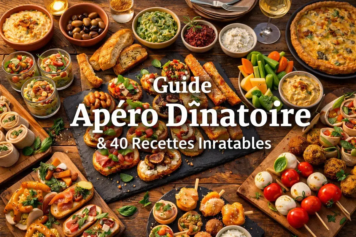 Table de présentation pour un apéro dînatoire : tartines, brochettes, verrines, quiche et dips. Un festin visuel !