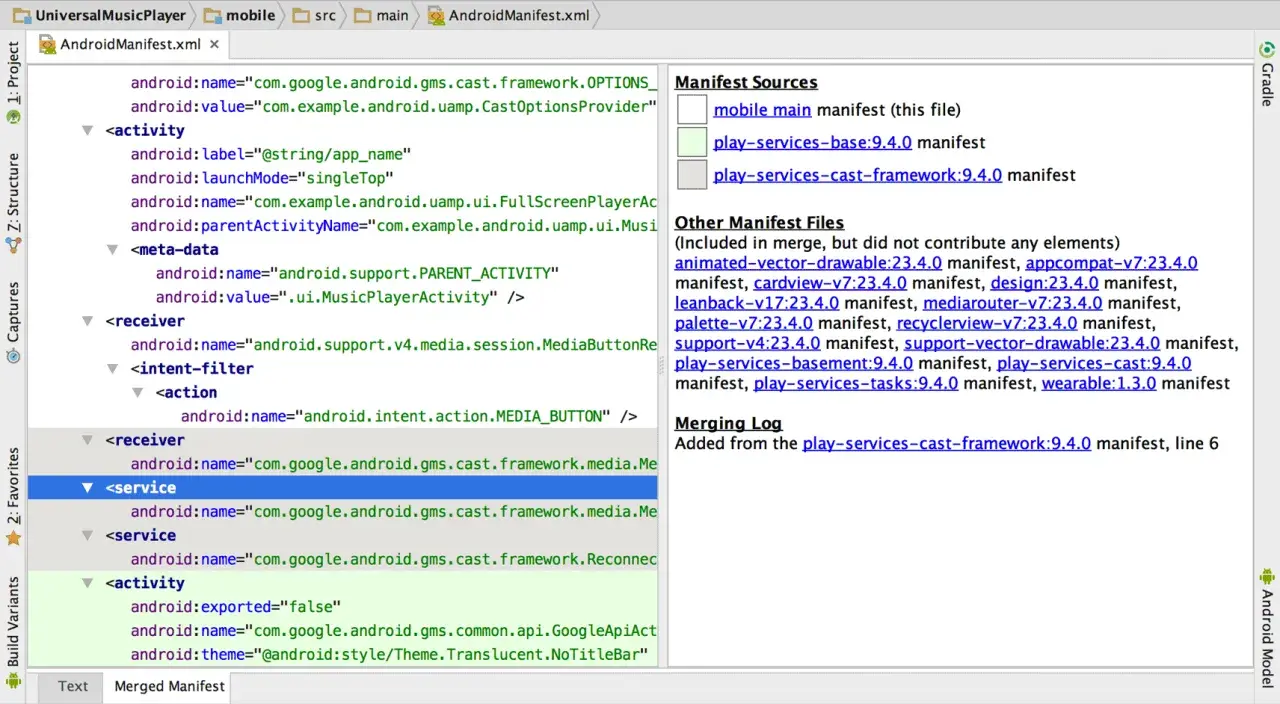 Le fichier manifest.xml montre les sources et les autres fichiers manifest inclus dans la fusion, avec des détails sur les dépendances.