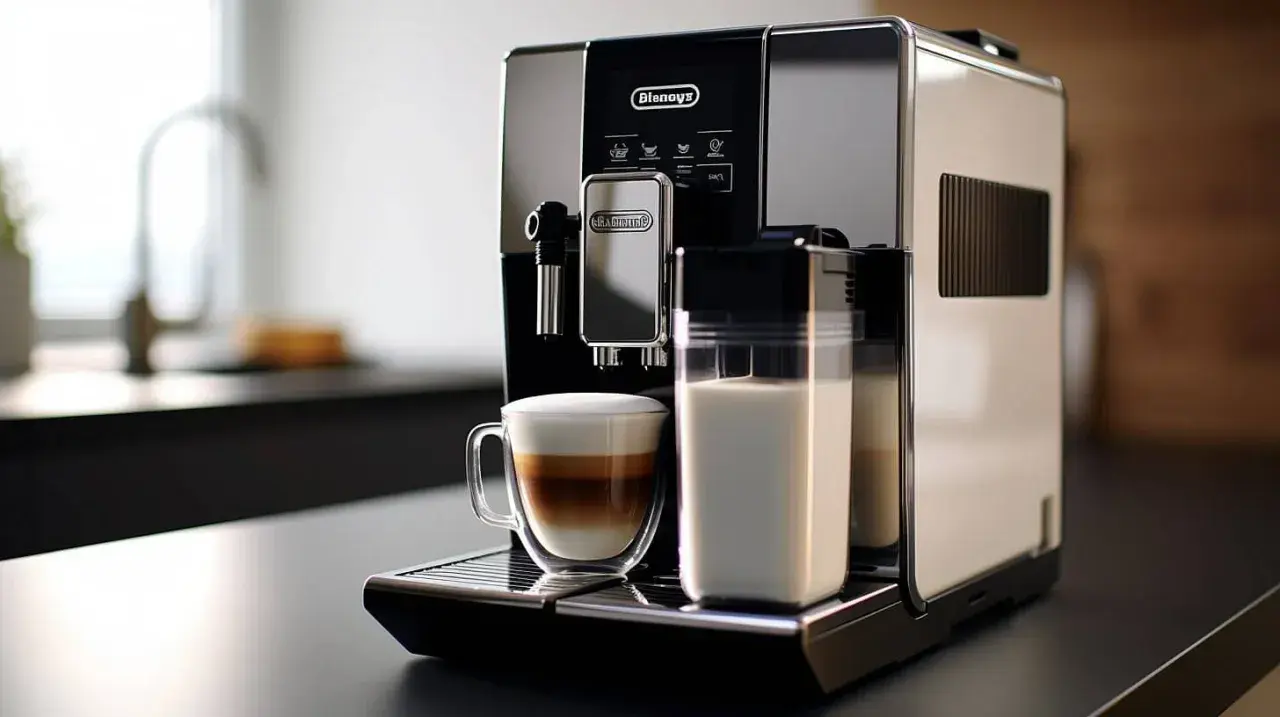 Automatyczny ekspres DeLonghi z kawą i mlekiem. Dowiedz się, jak często wymieniać filtr w ekspresie DeLonghi, by cieszyć się idealnym smakiem.