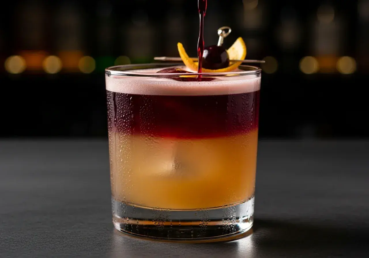 En vackert lagerdelad New York Sour med en körsbärs- och apelsingarnityr.