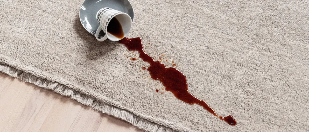 Taza de café volcada sobre una alfombra beige con flecos. Aprende como limpiar los flecos de las alfombras para evitar manchas.