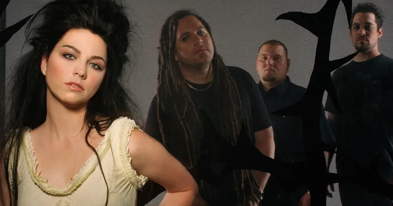Amy Lee z Evanescence, z jej charakterystyczną fryzurą, wpatruje się w obiektyw. Obok niej stoją członkowie zespołu, gotowi by "bring me to life".