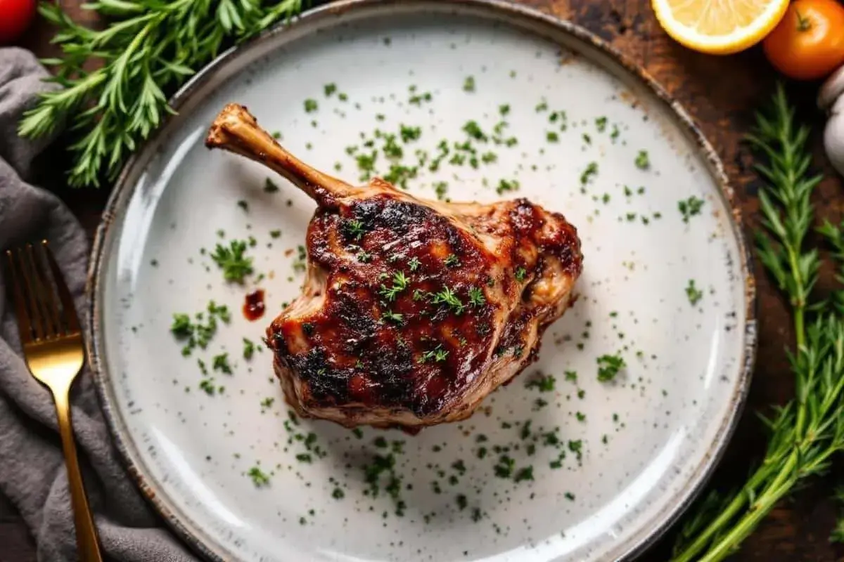 Jarret de porc demi-sel, parfaitement rôti, garni de persil frais. Une invitation à la dégustation.