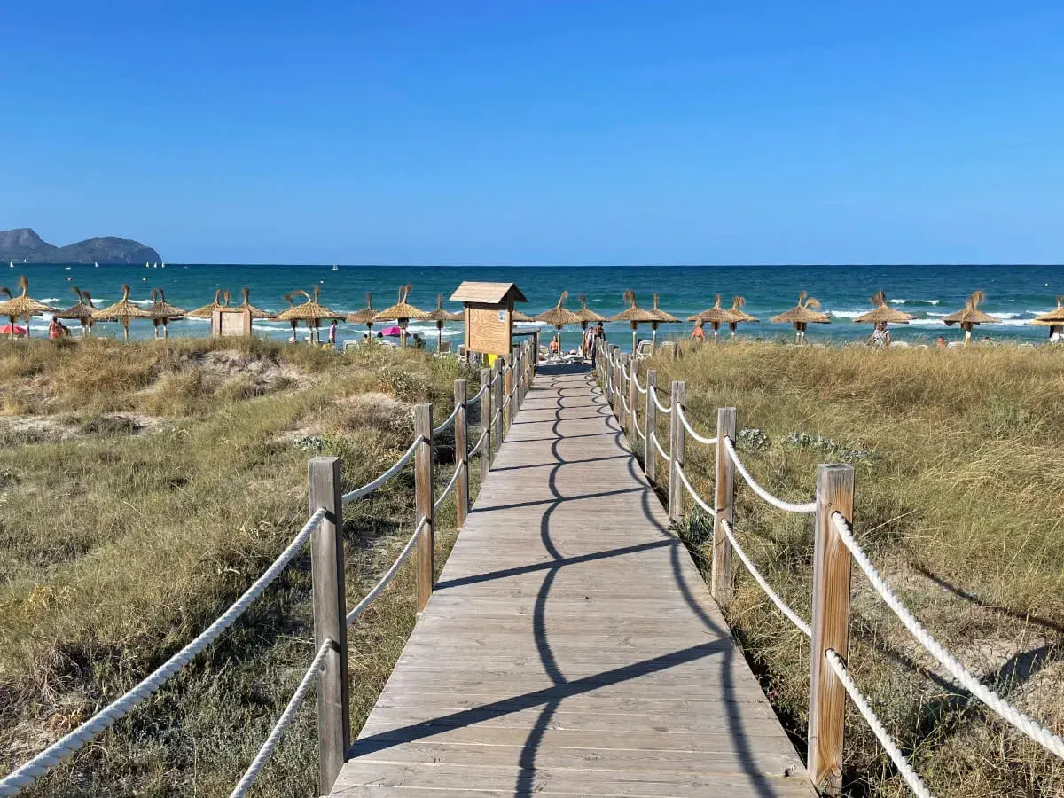 Holzsteg führt zu einem sonnigen Strand mit Strohschirmen bei Can Picafort. Ein Geheimtipp für entspannte Tage am Meer.