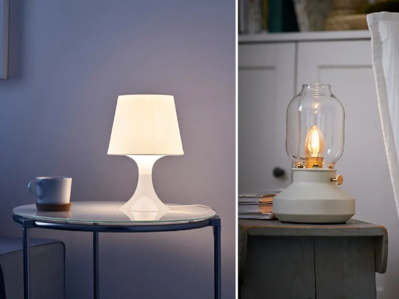Dos lámparas, una moderna y otra de estilo antiguo con cristal transparente, iluminan la noche.
