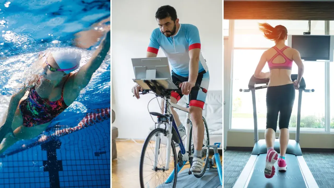 A woman swims, a man cycles indoors, and a woman runs on a treadmill, showcasing an indoor triathlon.