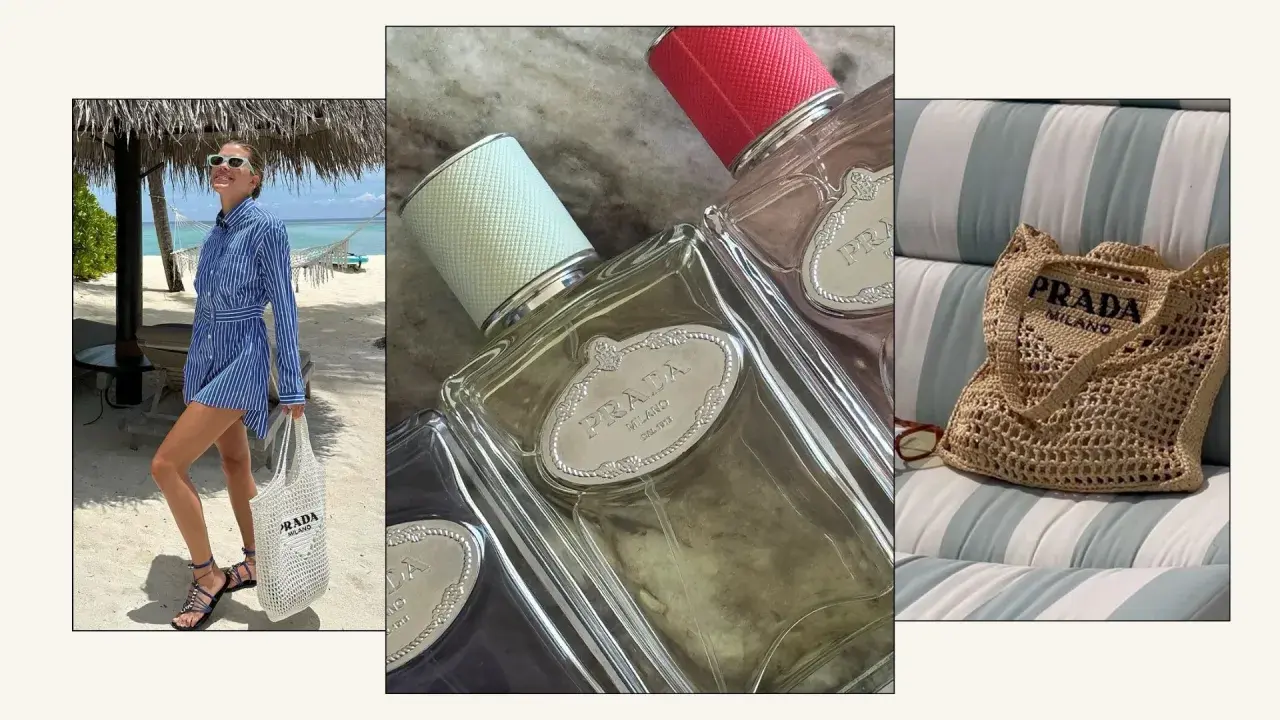Kobieta na plaży z torbą Prada, butelki perfum Prada i pleciona torba Prada. Zapach Prada Rose idealny na wakacje.