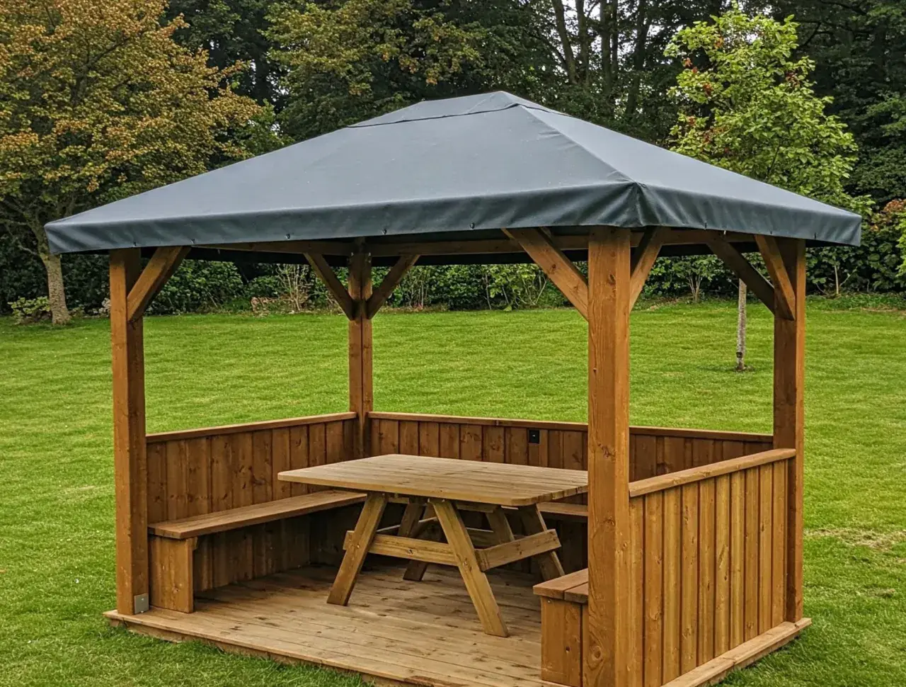 Gazebo in legno fai da te con tavolo e panche, perfetto per godersi il giardino.