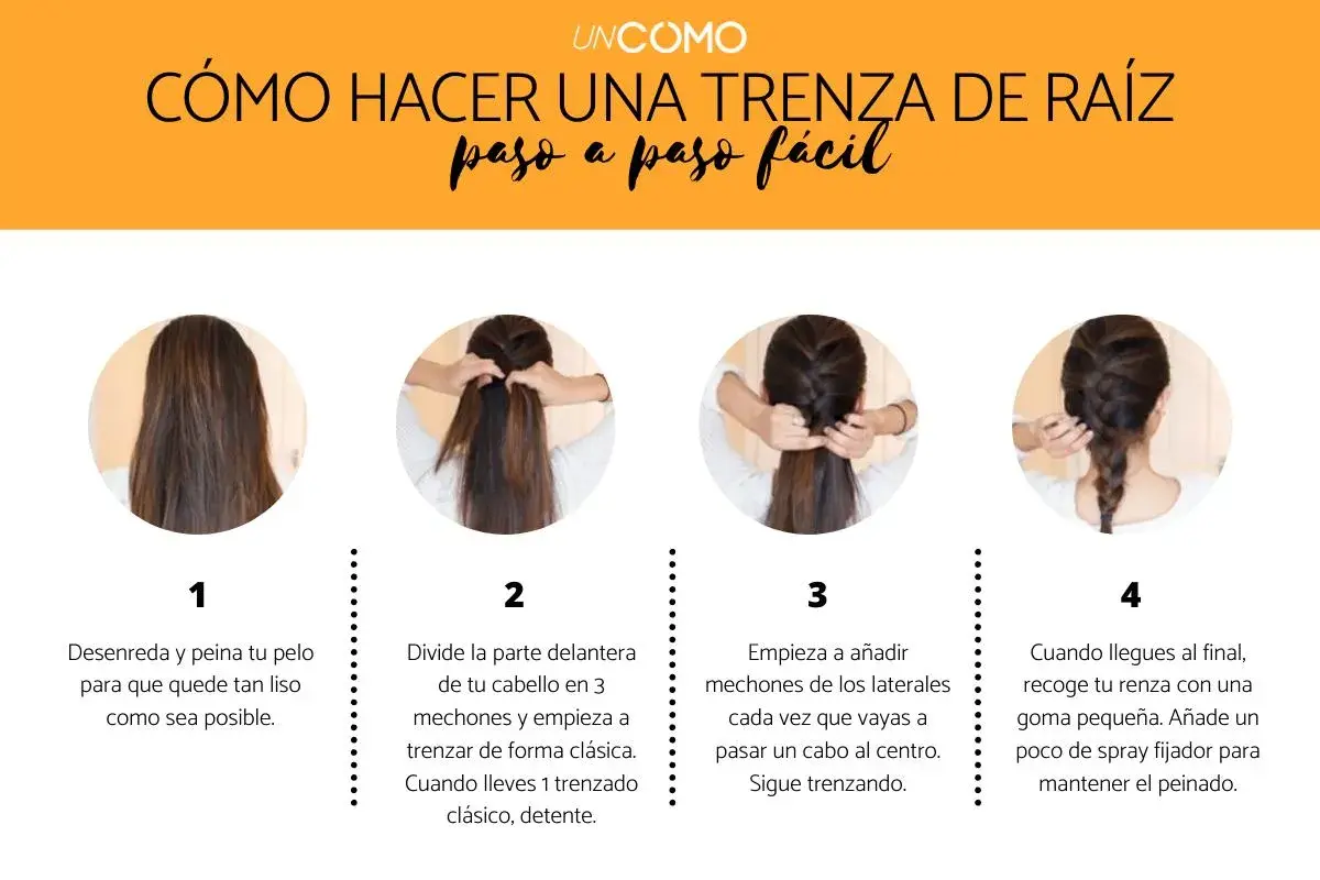 Tutorial paso a paso para hacer una trenza de raíz. Muestra cómo dividir el cabello, trenzar y añadir mechones.