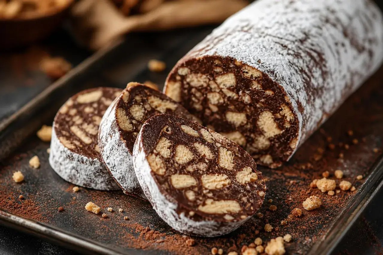 Salame dolce con cacao, un rotolo di cioccolato e biscotti sbriciolati, spolverato di zucchero a velo, pronto per essere gustato.