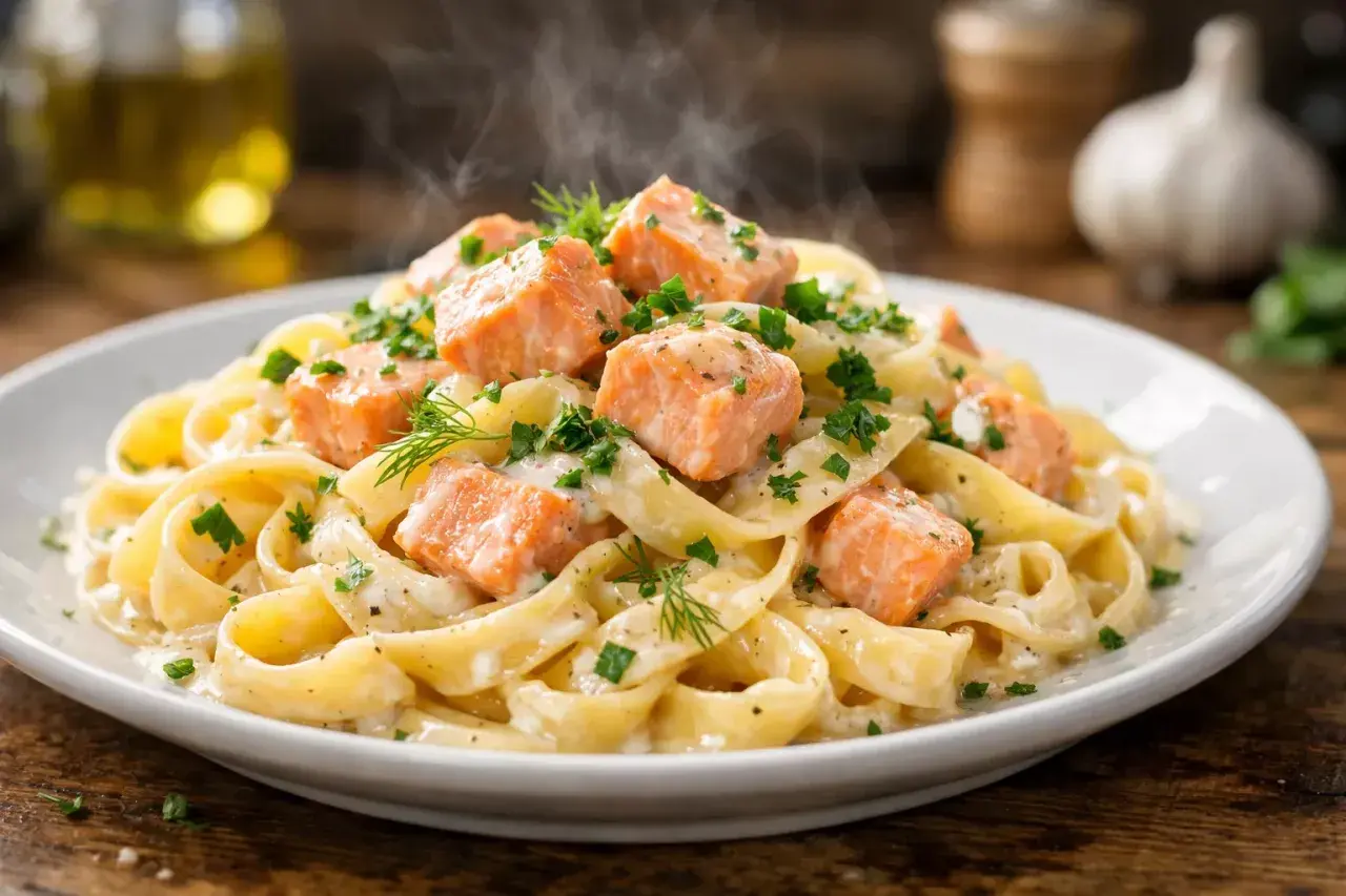 Assiette de tagliatelles crémeuses parsemées de morceaux de saumon rose, garnie de persil frais et d'aneth. Un plat appétissant de tagliatelles au saumon fumant.