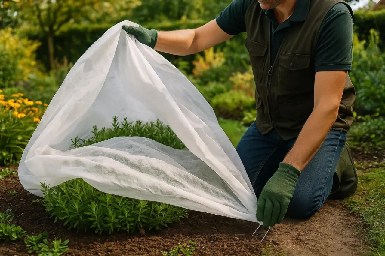 Un jardinier installe une housse de protection pour plantes d'hiver sur un arbuste vert.