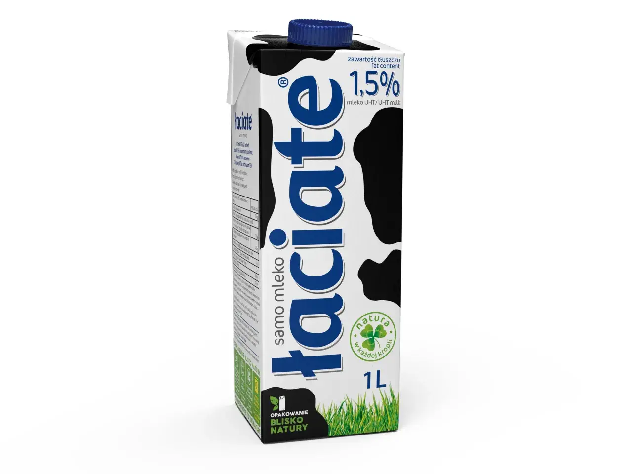 Karton mleka 1,5% tłuszczu, z napisem "laciate" i wzorem w krowie łaty. Idealne mleko po francusku na śniadanie.