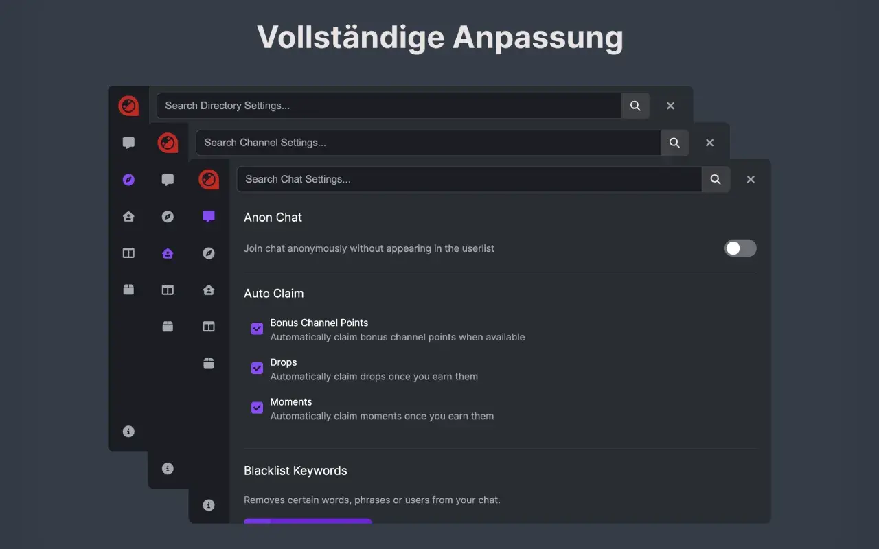 Einstellungen für ein besseres Twitch TV-Erlebnis: Anonym im Chat, Auto-Claim für Punkte, Drops & Momente, Blacklist.