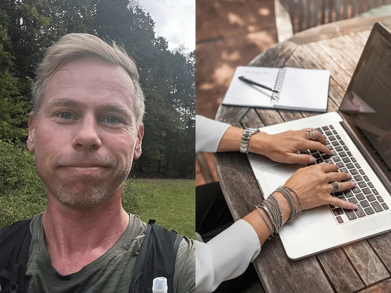 Man i naturen och händer som skriver på laptop. Detta visar vad frilansare betyder: frihet att arbeta var som helst.