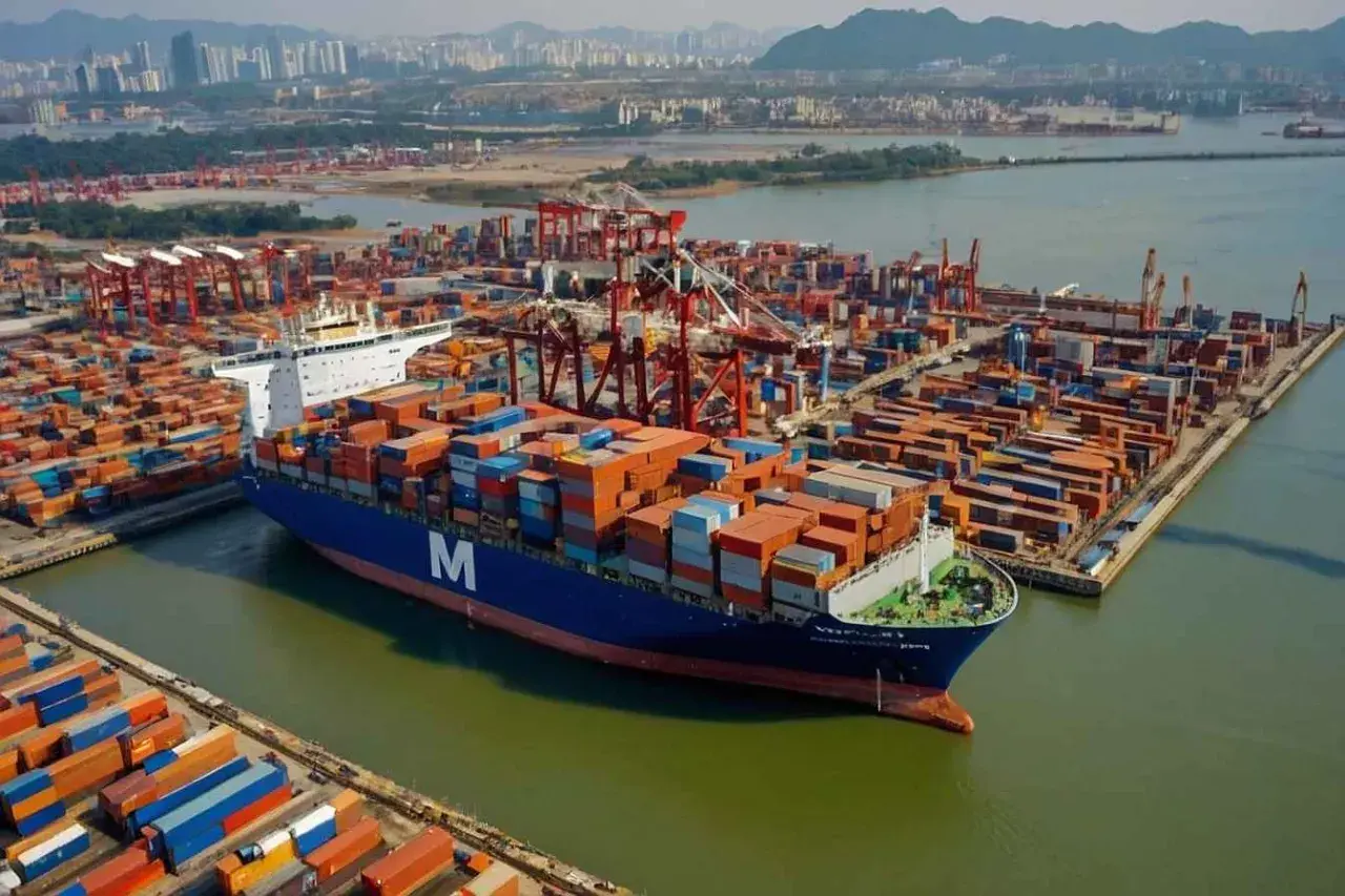 Großer Containerschiffhafen mit vielen Containern und Kränen. Ein Schiff mit dem "M"-Logo ist im Vordergrund. Ein Shipper nur, kein Verkäufer.
