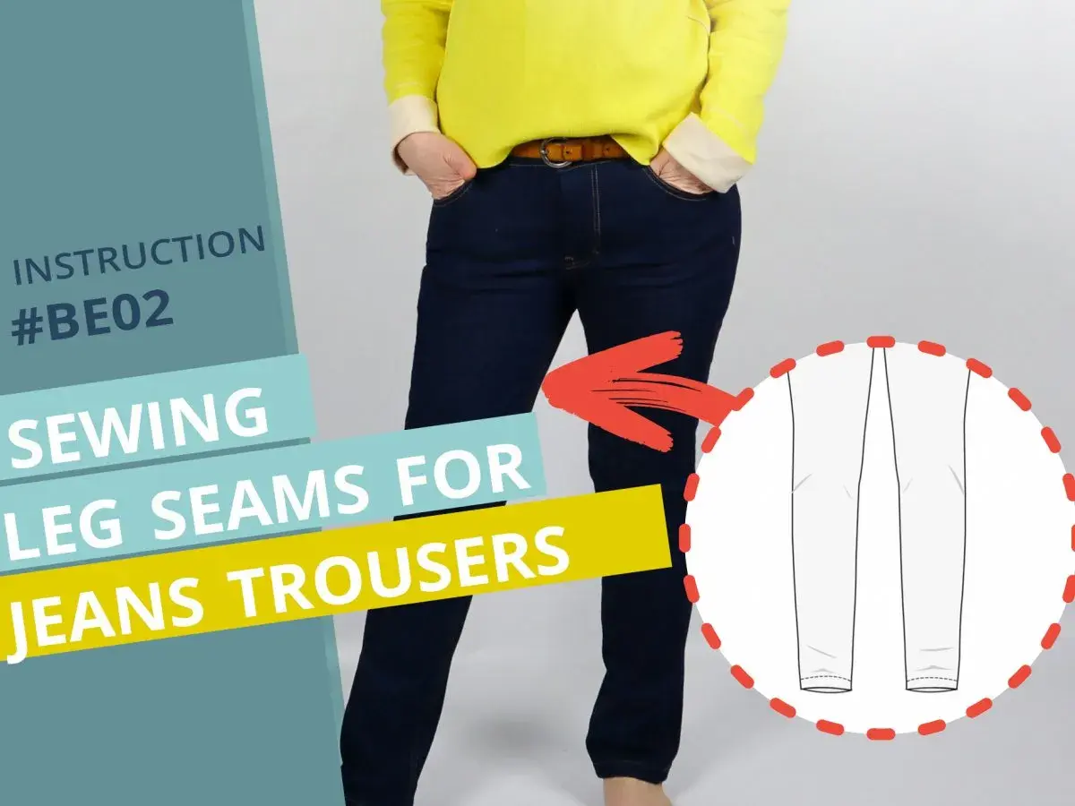 Learn how to sew pants crotch seams for jeans trousers. This instruction #BE02 shows the leg seams.