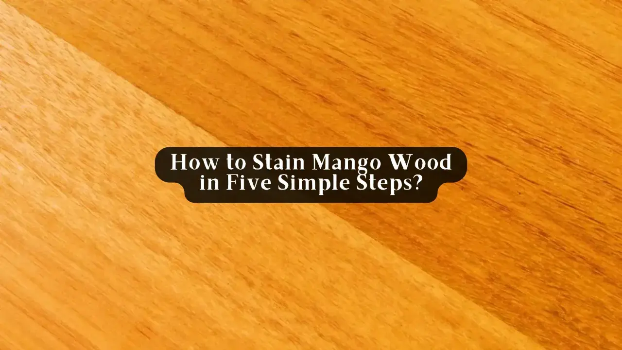Close-up of a wooden surface, showing how to stain mango wood. The grain is visible, with a darker section on the left.