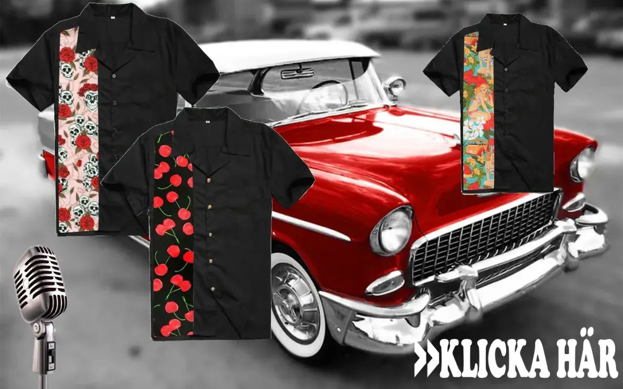Rockabilly frisyr herr-inspirerade skjortor med dödskallar, körsbär och pin-up-motiv. En röd klassisk bil i bakgrunden.