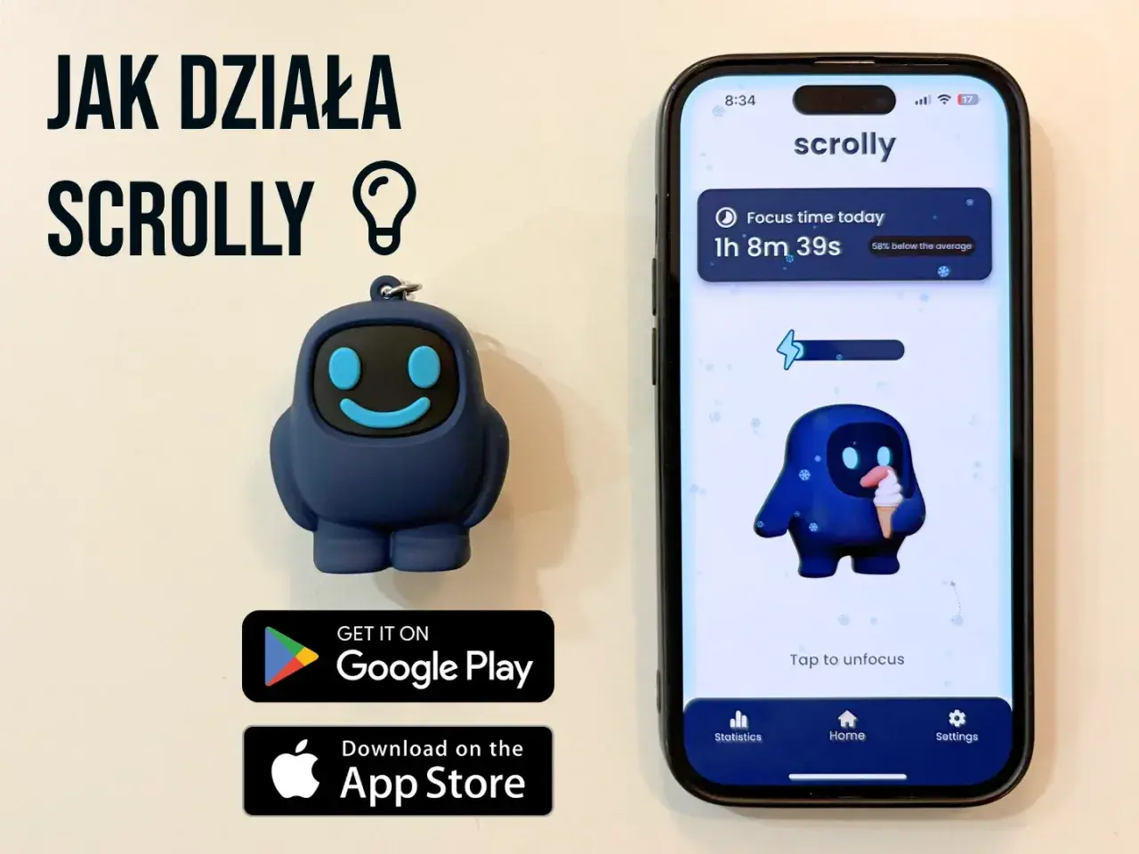 Brelok Scrolly i jego aplikacja na telefonie pokazują czas skupienia.