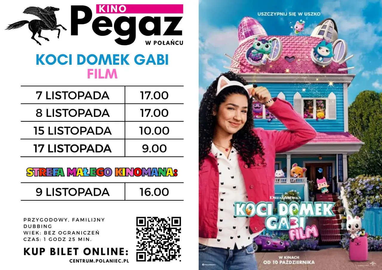 Kino Pegaz: Koci Domek Gabi. Sprawdź, jak sprawdzić do kiedy grają film, godziny seansów i ceny biletów.