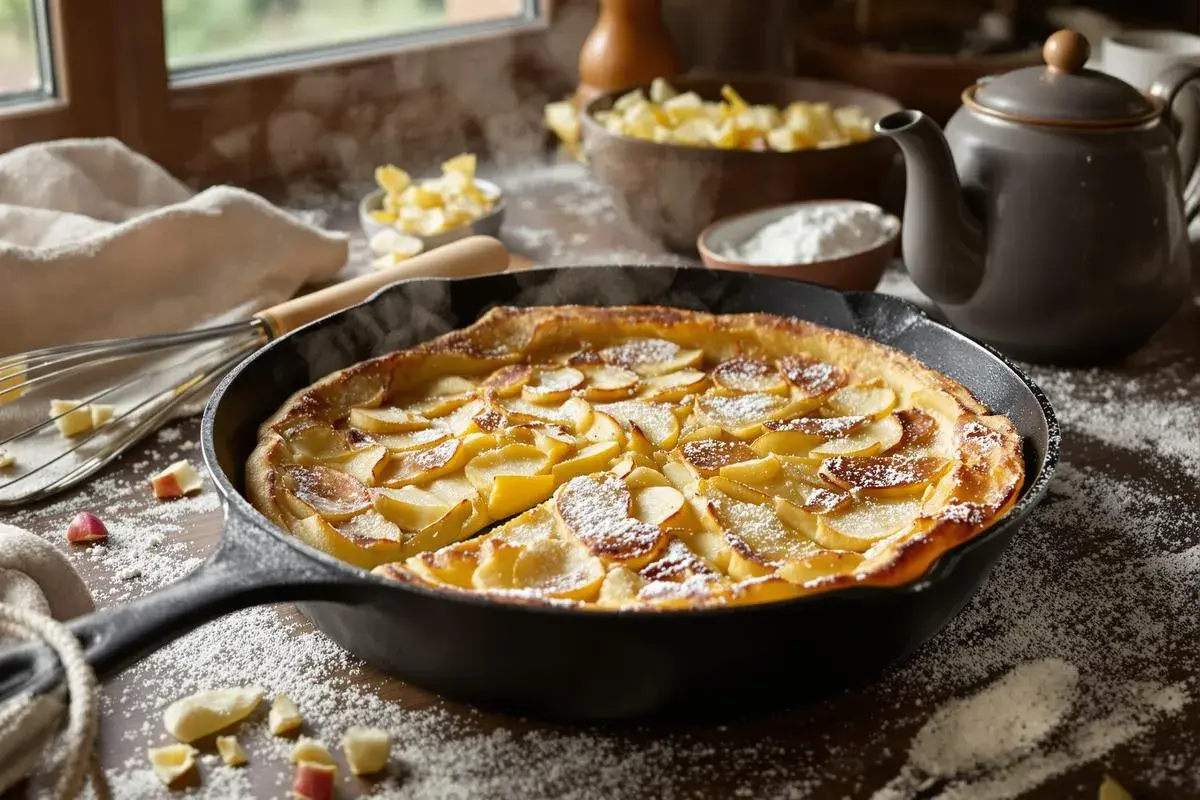 Un matefaim de grand-mère aux pommes, tout juste sorti du four, saupoudré de sucre glace. Une gourmandise réconfortante.