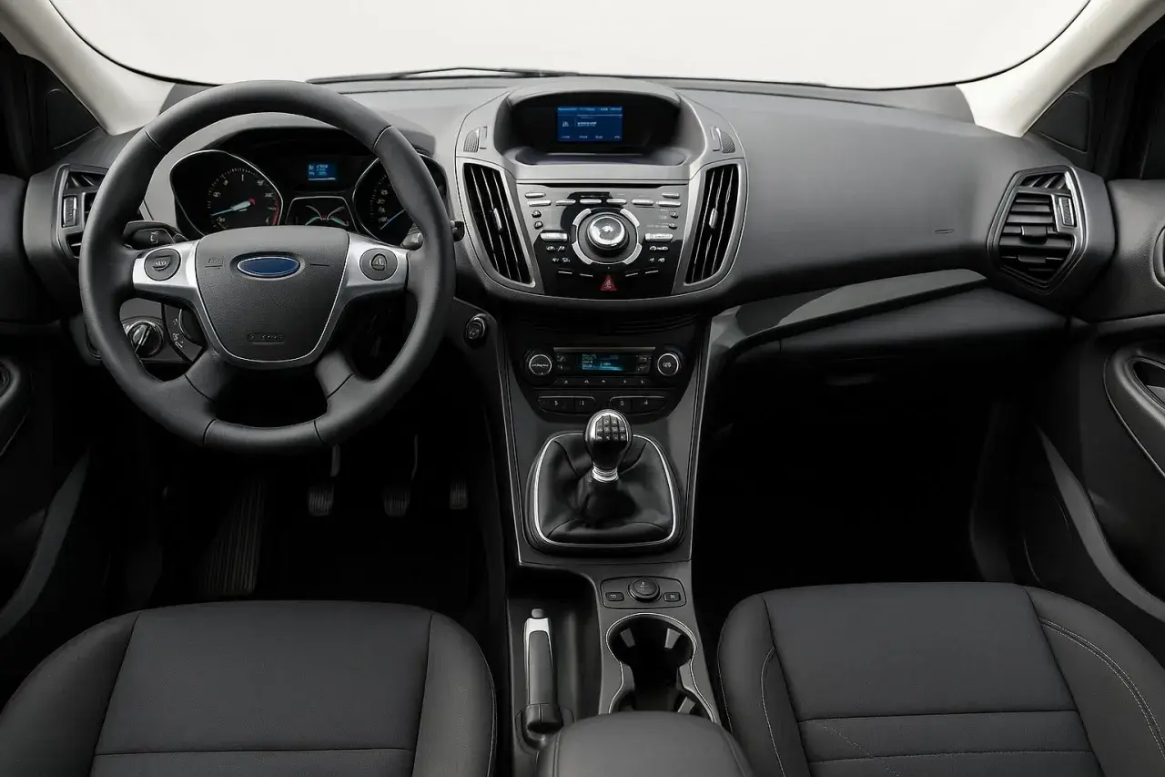 Interiör i en begagnad Ford Kuga med ratt, instrumentpanel och växellåda.