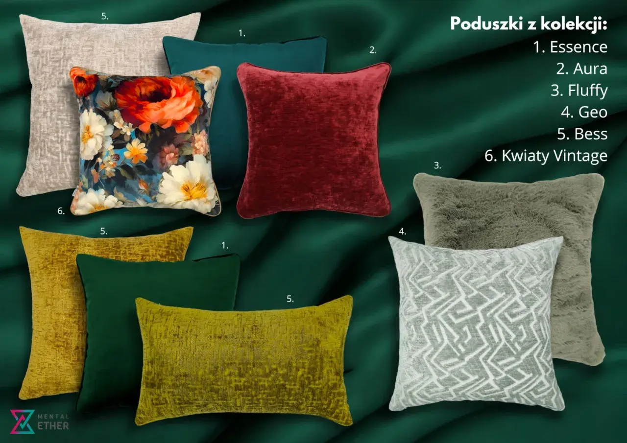 Kolekcja poduszek: od kwiatowych po gładkie, idealne do zielonej kanapy. Znajdziesz tu poduszki w odcieniach zieleni, złota, beżu, czerwieni i szarości.