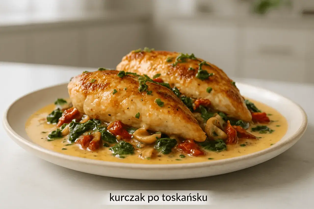 Dwa soczyste kawałki kurczaka po toskańsku w kremowym sosie ze szpinakiem i suszonymi pomidorami, posypane szczypiorkiem.