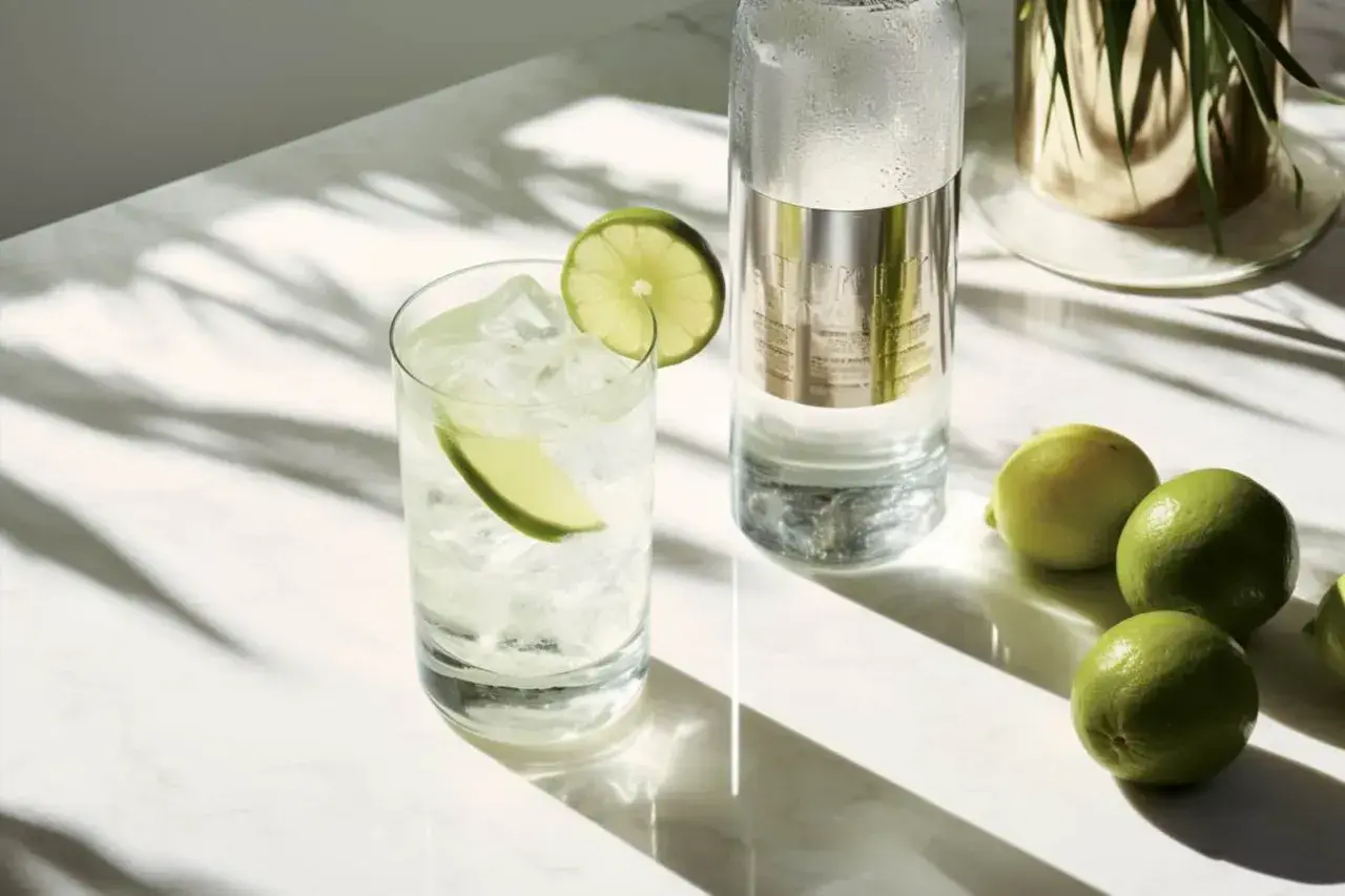 Szklanka z wódką i lodem, plasterkami limonki, butelka wódki i kilka limonek na marmurowym blacie.