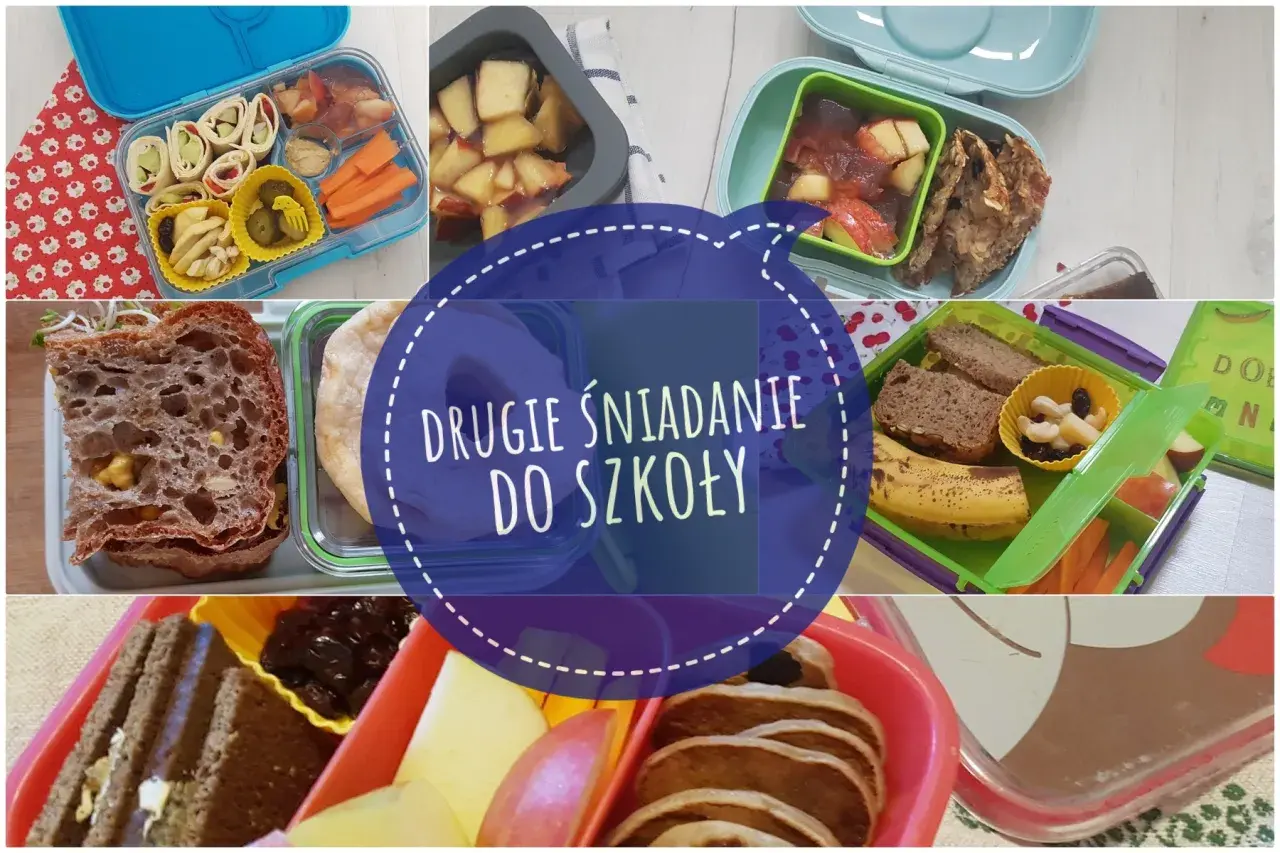 Kolorowe pudełka śniadaniowe pełne pyszności: kanapki, owoce, warzywa i słodkości. Idealne drugie śniadanie do szkoły!