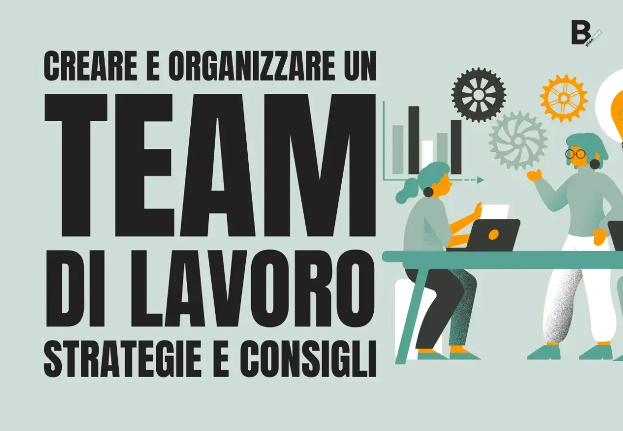 Creare e organizzare un team di lavoro: strategie e consigli per il tuo programma lavori. Illustrazione con ingranaggi e persone che collaborano.