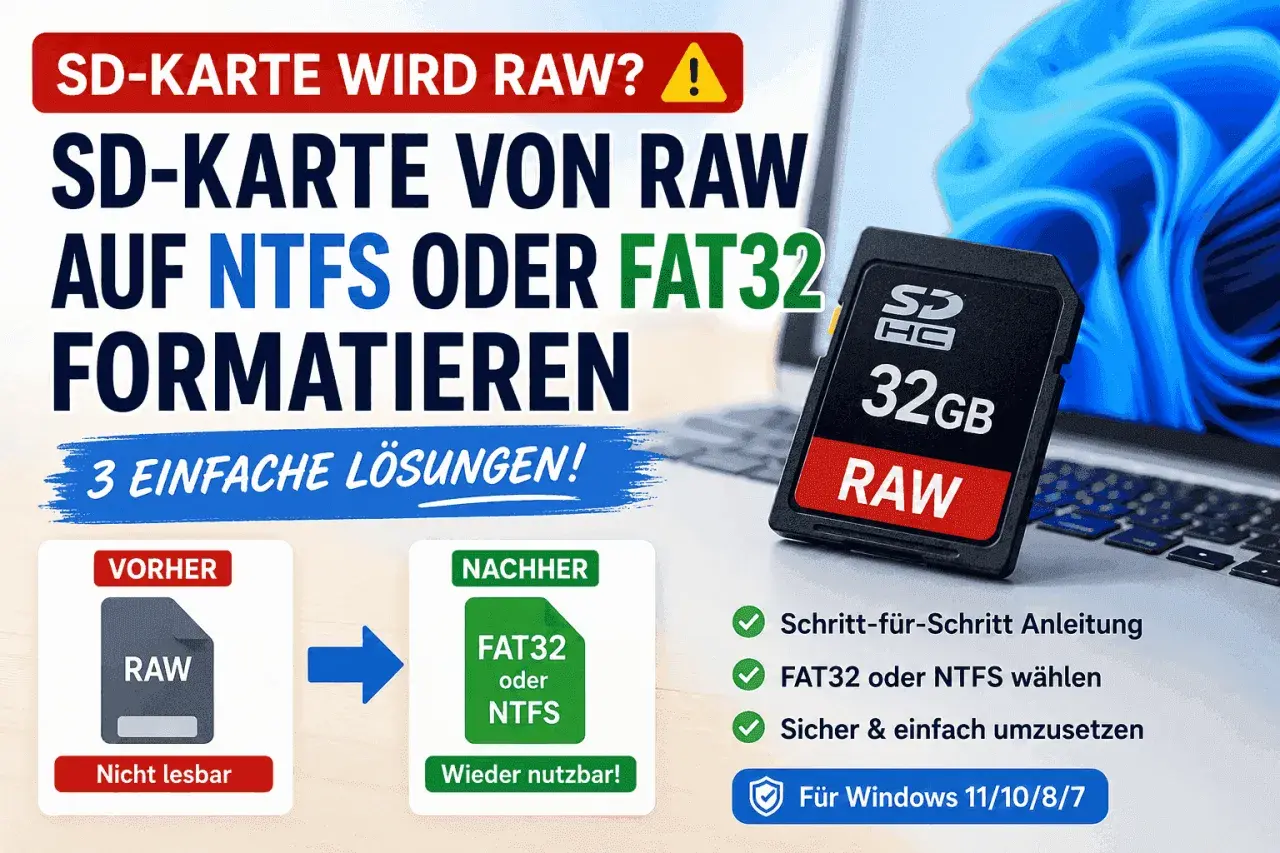 SD-Karte im RAW-Format? So formatieren Sie sie auf NTFS oder FAT32. Anleitung für Windows.