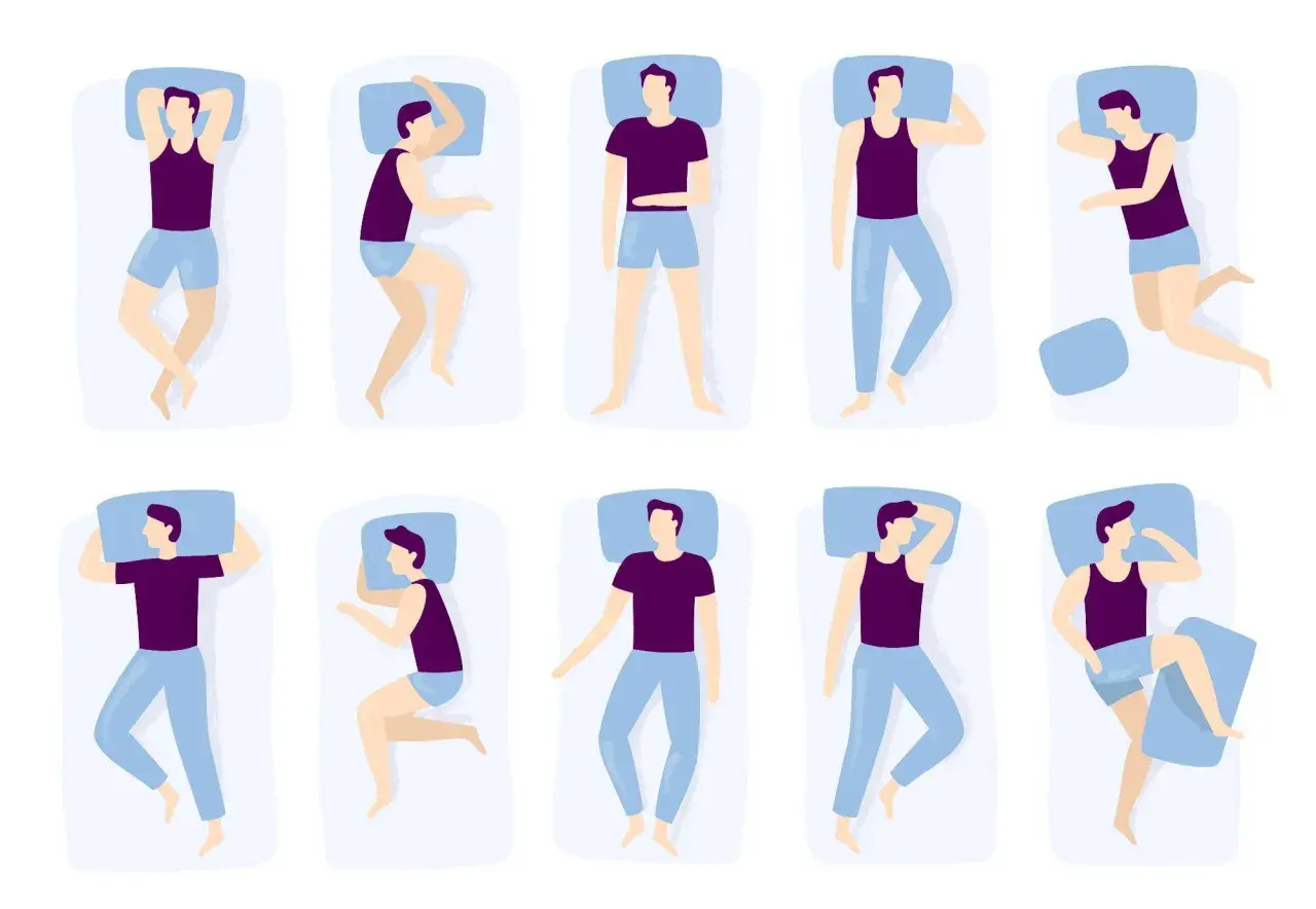 Illustrations of men in various sleeping positions. Some suggest the best sleeping position for heart palpitations involves side sleeping.