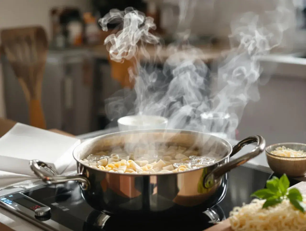 Para podgrzać makaron z sosem, gotuj go w garnku na kuchence indukcyjnej. Para unosi się nad gotującym się makaronem.