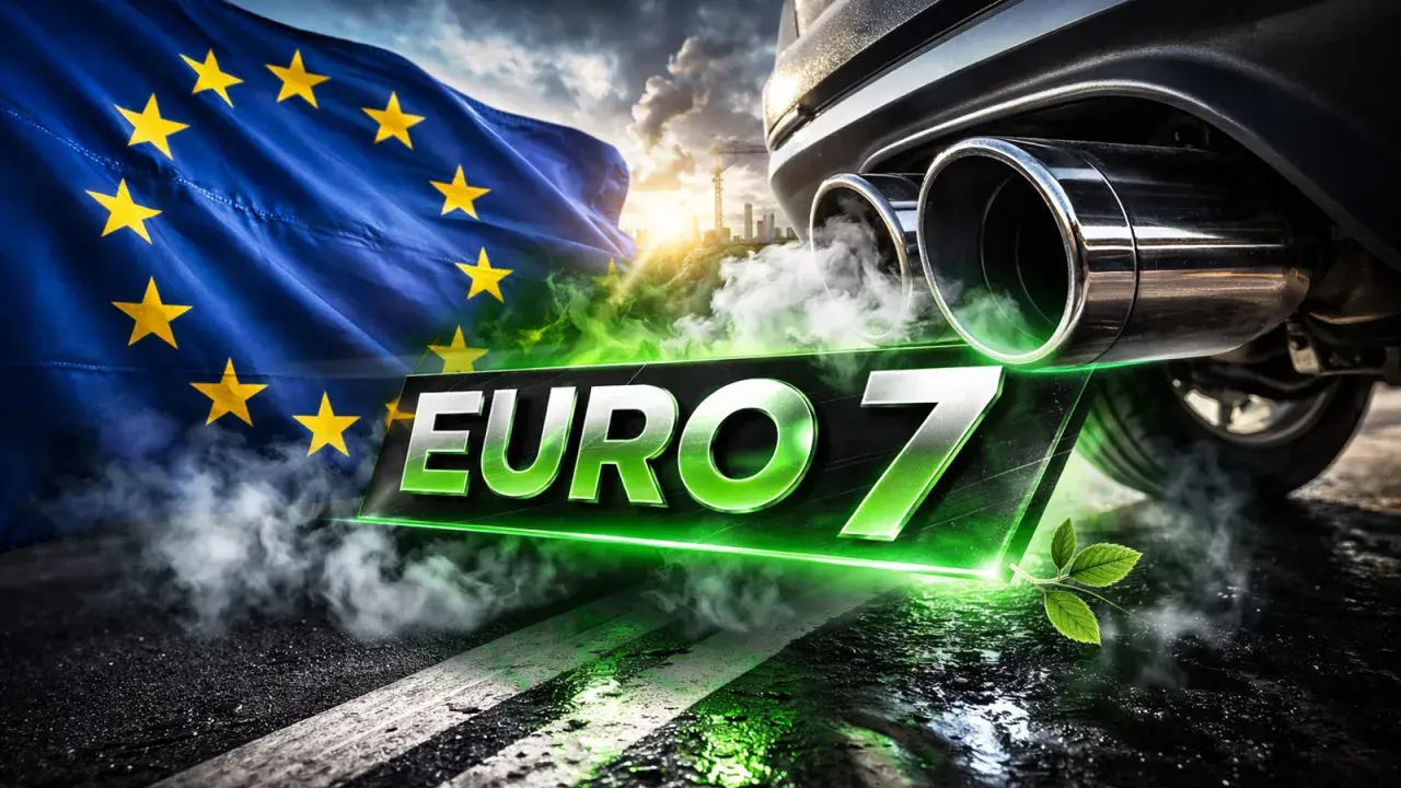 Flaga UE i dym z rury wydechowej samochodu nad napisem EURO 7. Nowe normy emisji spalin w Europie.