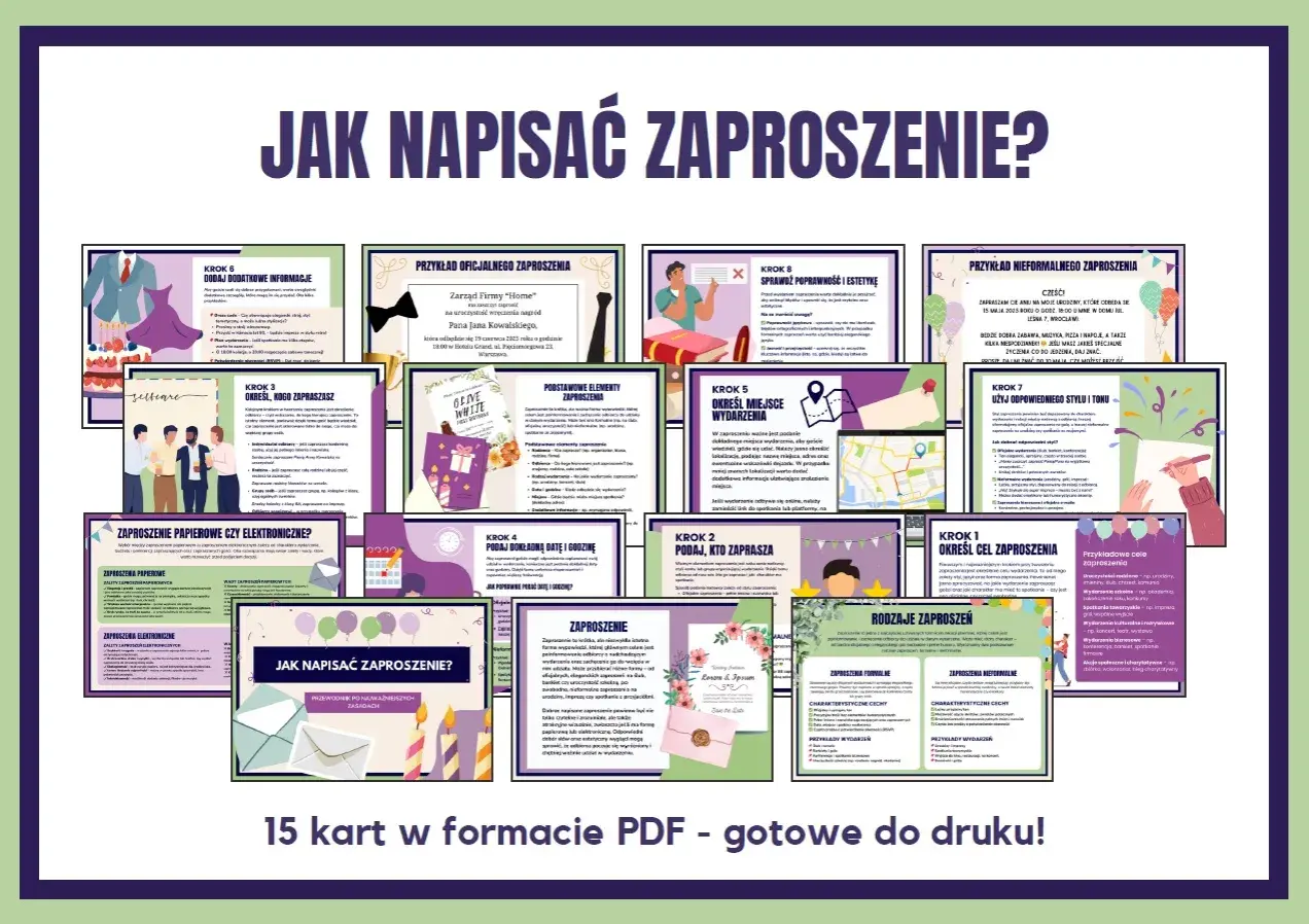 Jak wygląda zaproszenie? 15 kart PDF z przykładami, krokami i wskazówkami, jak napisać zaproszenie formalne i nieformalne.