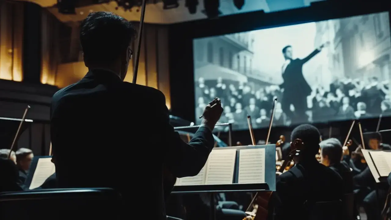 Conductor leads an orchestra playing music needed for film, with a silent movie projected behind them.