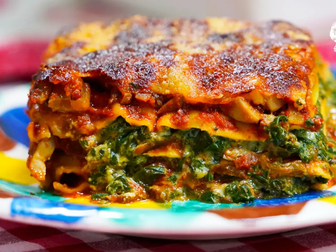 Porción de lasaña de verduras, con capas de pasta, espinacas y salsa roja, servida en un plato colorido.