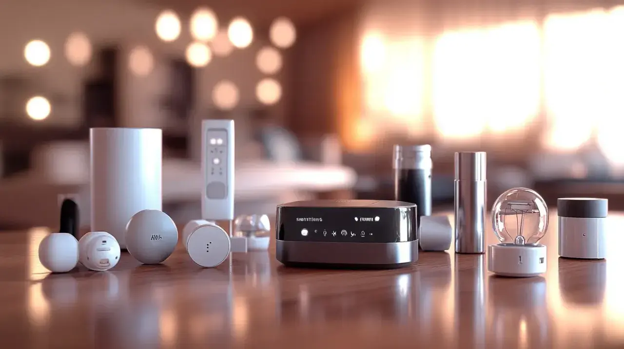 Le **SmartThings Hub** au centre, entouré de capteurs et d'une ampoule connectée, promet une maison intelligente simplifiée.