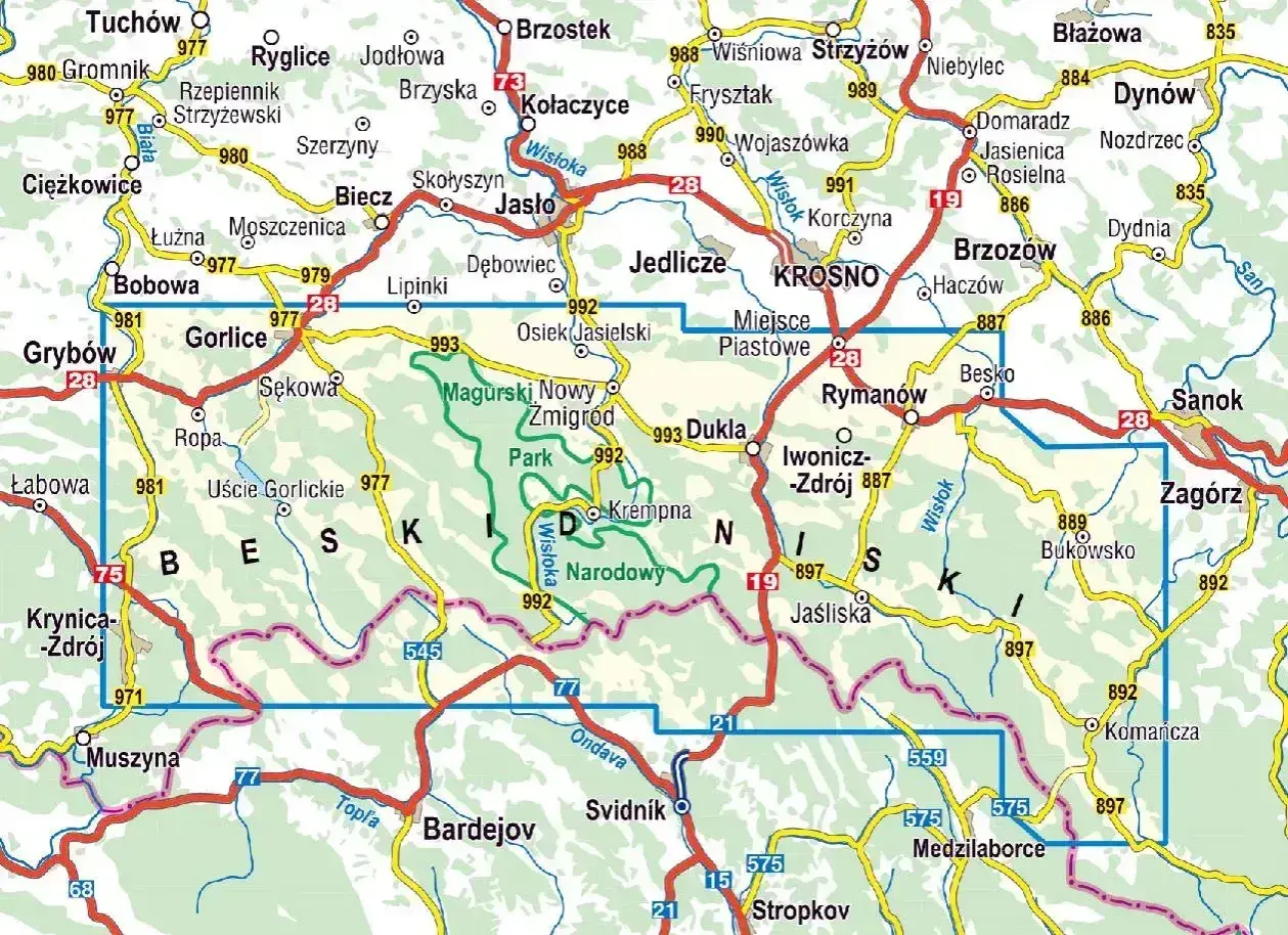 Mapa turystyczna obejmująca Beskid Niski z zaznaczonymi drogami, miejscowościami i szlakami.