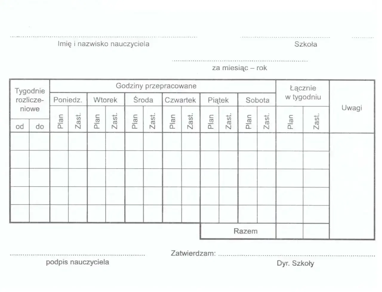 Formularz do rozliczania pensum nauczyciela, z polami na wpisanie godzin pracy w poszczególne dni tygodnia, podsumowanie i uwagi.