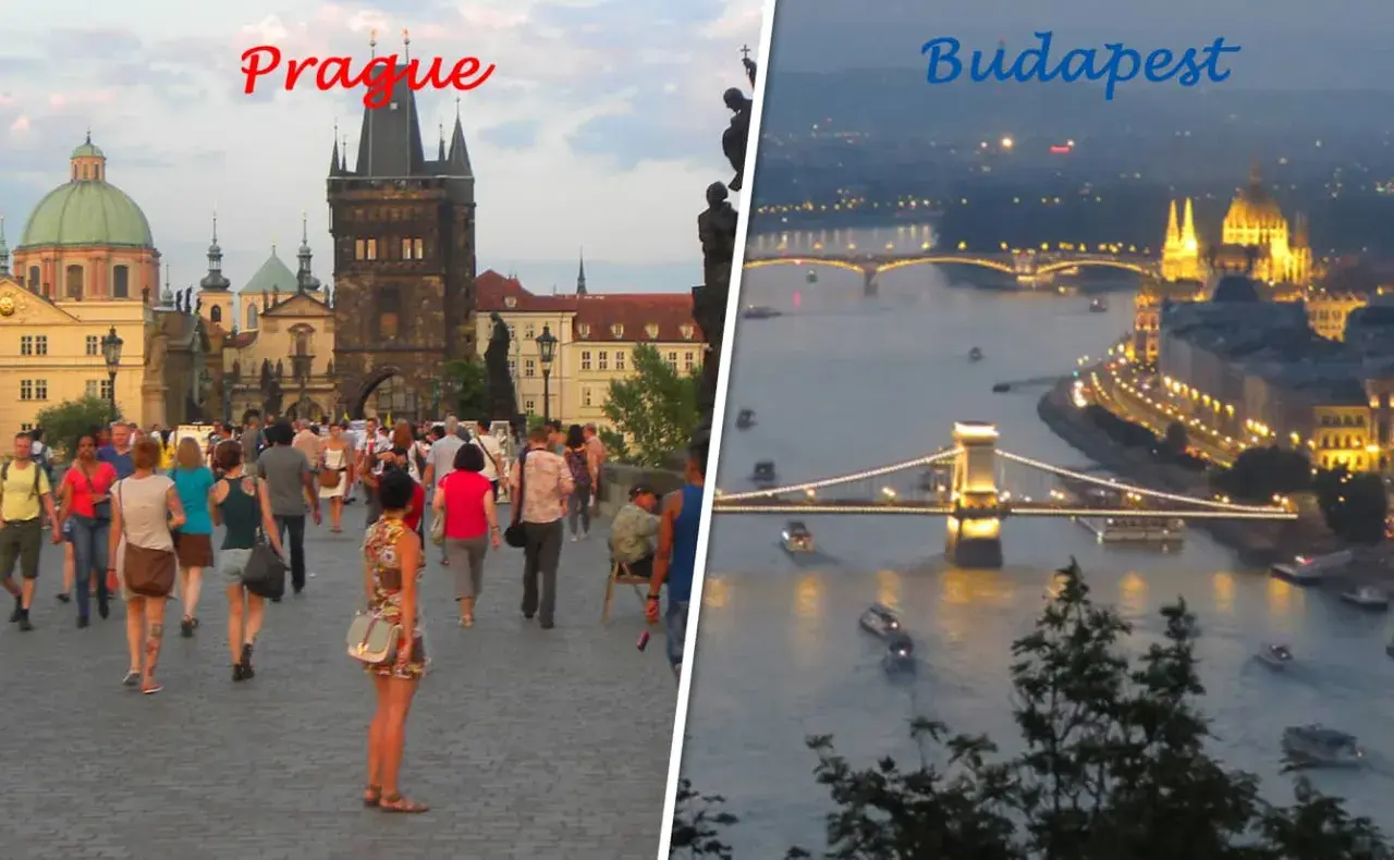 Vänster bild: Prag med Karlsbron och folk. Höger bild: Budapest med upplysta broar och parlamentsbyggnaden i kvällsljus.