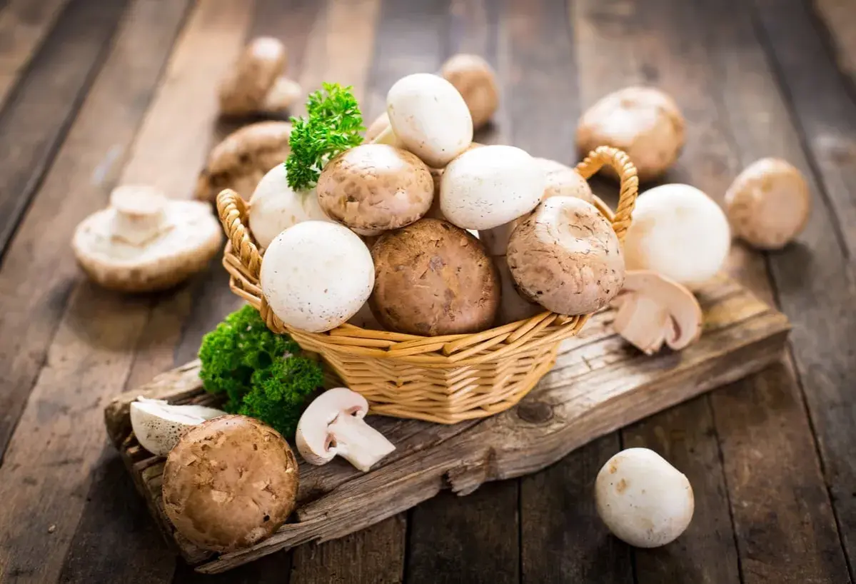 Koszyk pełen pieczarek, idealnych do zdrowych posiłków. Niskie pieczarki kcal to świetny dodatek do diety.