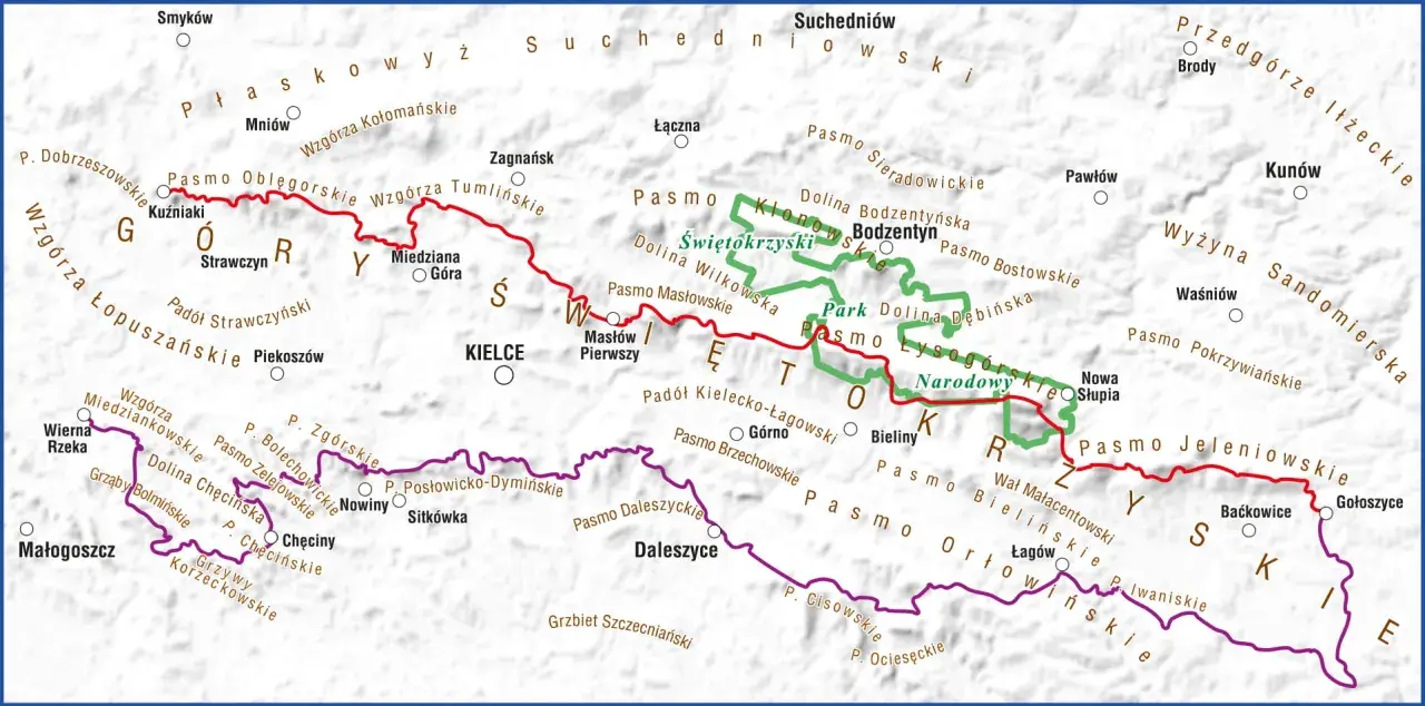 Mapa przedstawia przebieg Głównego Szlaku Świętokrzyskiego, z zaznaczonymi pasmami górskimi, dolinami i miejscowościami.