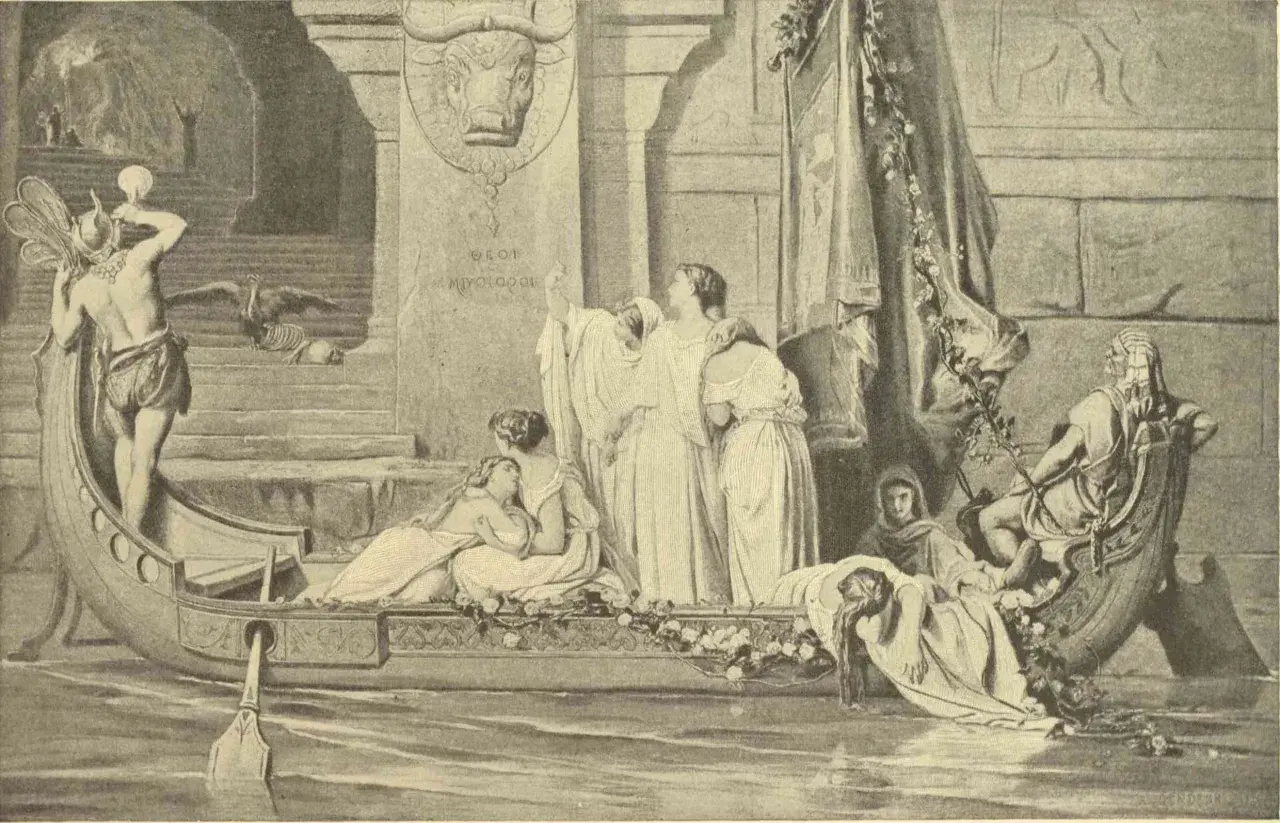 Scène de la mythologie grecque : Thésée, vainqueur du Minotaure, arrive en bateau. Des femmes pleurent, un taureau orne un monument.