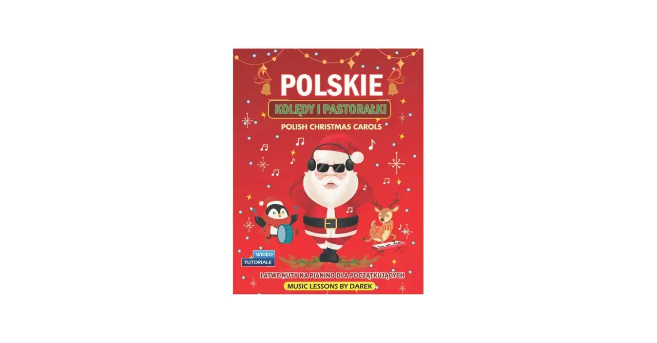 Okładka z Mikołajem, pingwinem i reniferem, promująca najpopularniejsze polskie kolędy i pastorałki na pianino dla początkujących.
