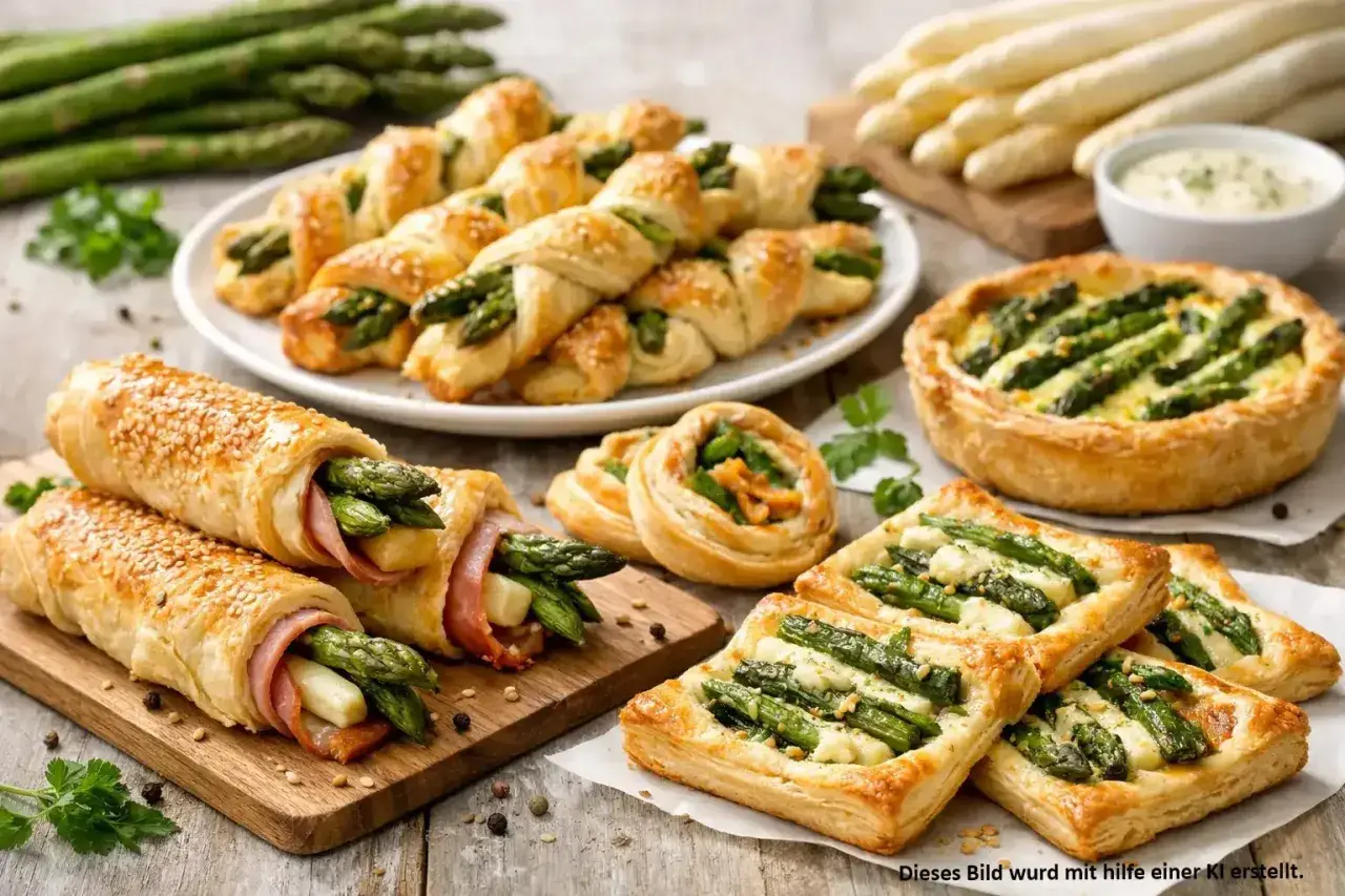 Leckere Spargel Rezepte: Blätterteigröllchen mit Schinken, Spargel-Quiche und Spargel-Tartelettes.