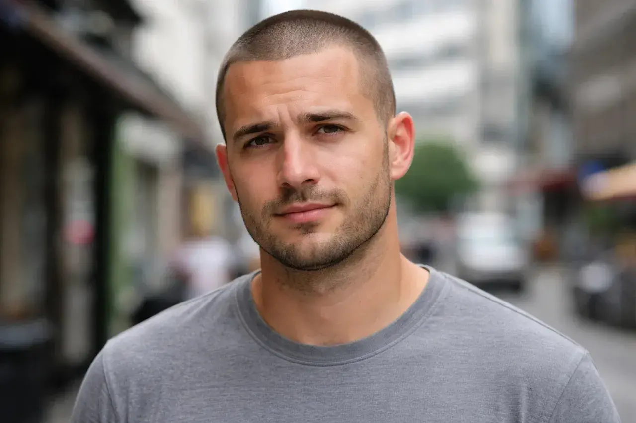 Hombre joven con buzz cut con entradas, barba corta y camiseta gris, mirando a la cámara en una calle urbana.