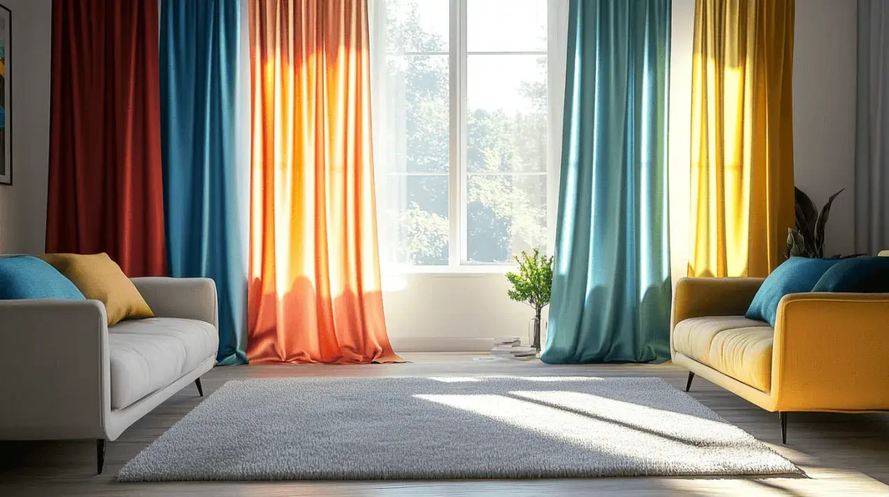 Moderne Gardinen in Rot, Blau, Orange und Gelb rahmen ein Fenster ein. Zwei Sofas und ein Teppich schaffen eine gemütliche Atmosphäre.